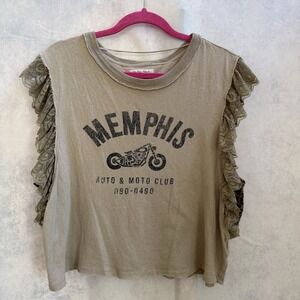 We The Free Beige Ruffle Sleeve Animal Print Tank Top Women's Size XL